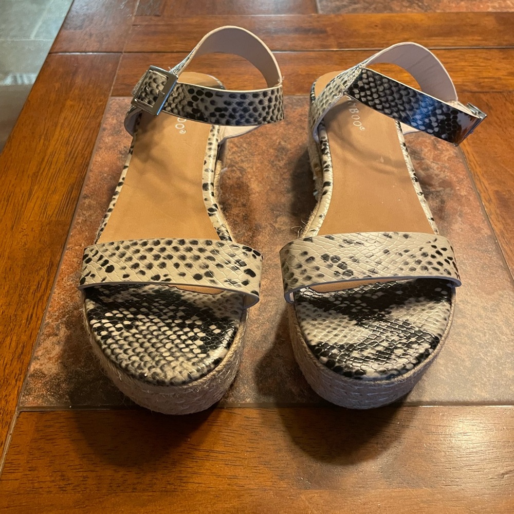 BAMBOO Snakeskin Patterned Sandals with Rope Platform and Silver Buckle Closure